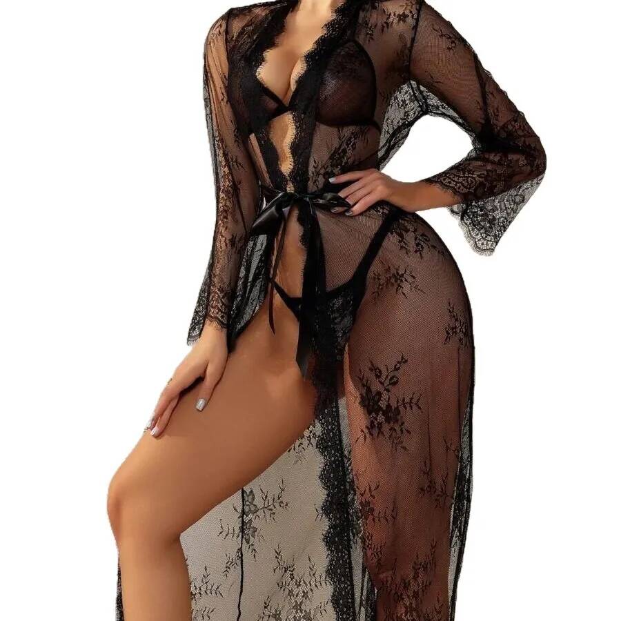 Kimono Sheer Floral - Gaun Tidur Panjang Transparan Berenda Hitam
