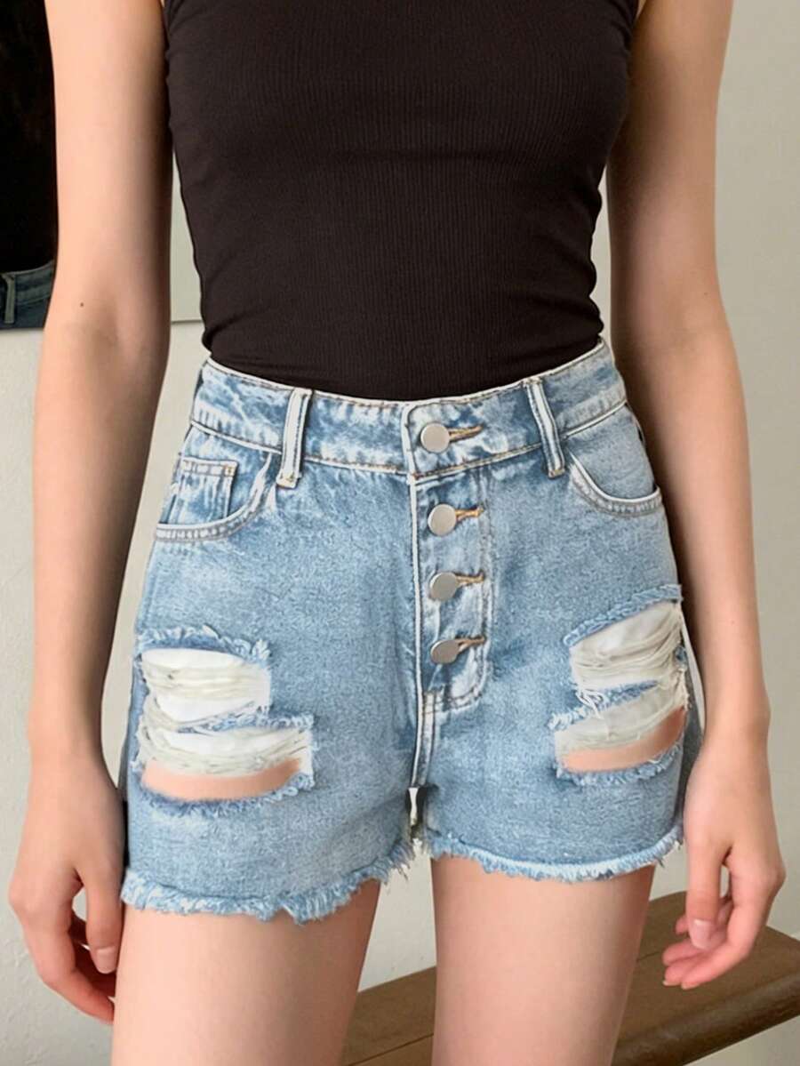 Shorts Denim Frayed - Celana Pendek Denim Wanita Model Mid-Rise,
