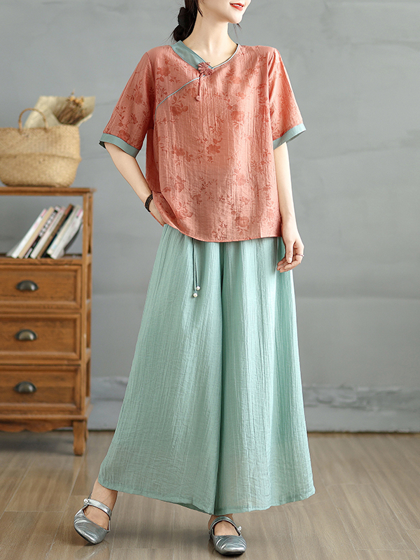 Linen Pant Wide - Atasan Lengan Pendek Kerah V Sutra
