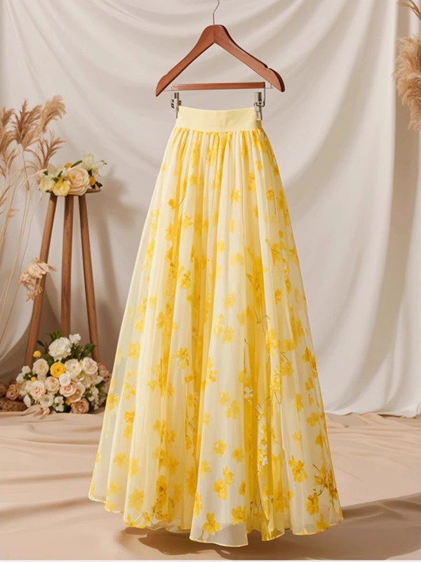 Midi Skirt Floral - Rok A-Line Kuning Pinggang Tinggi Musim