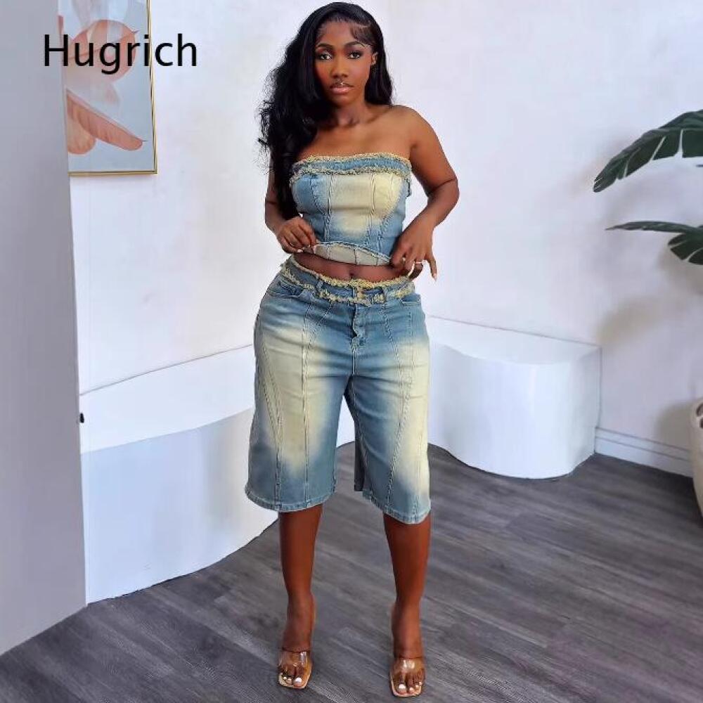 Shorts Denim Frayed - Set atasan crop top tanpa tali