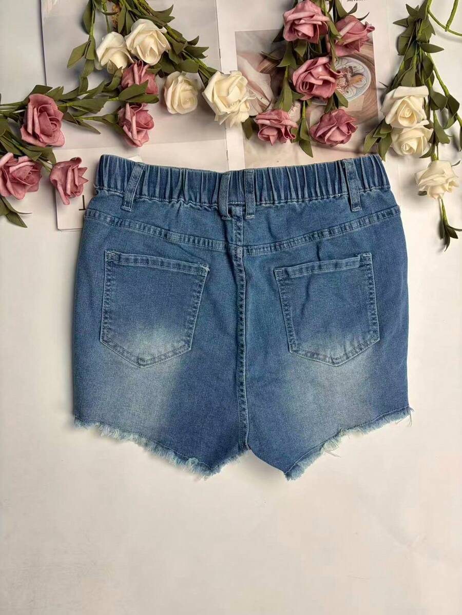 Shorts Denim Frayed - Celana Pendek Denim Wanita Pinggang Elastis