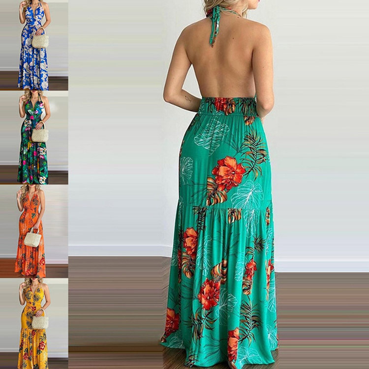 Maxi Dress Halter - Gaun Maxi Floral Panjang Tanpa Punggung,