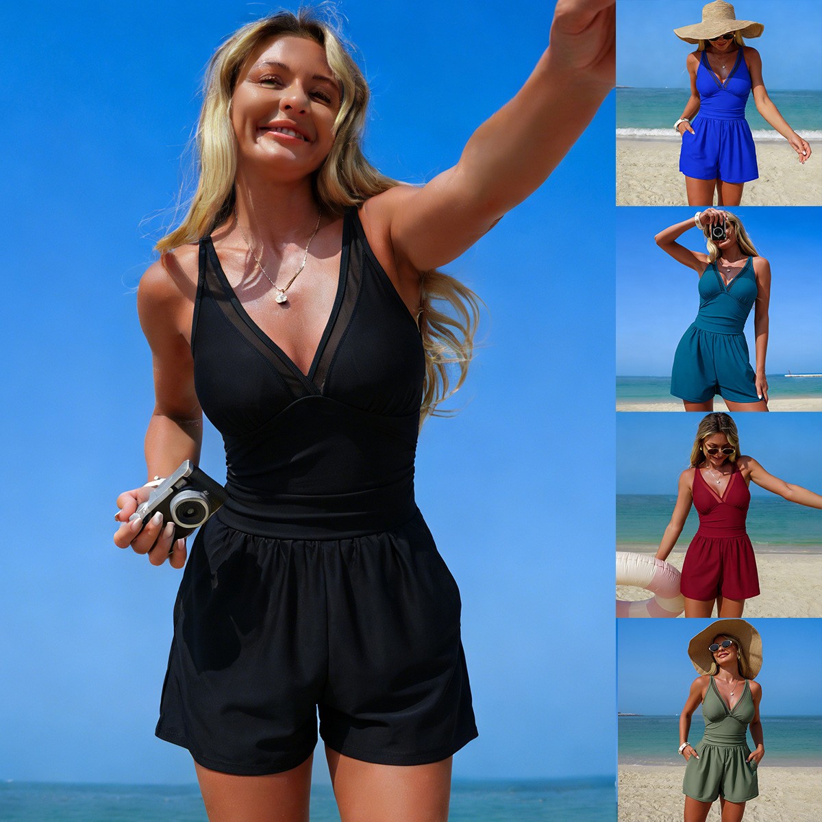 Swimsuit Bikini Ruched - Baju renang hitam polos tanpa lengan