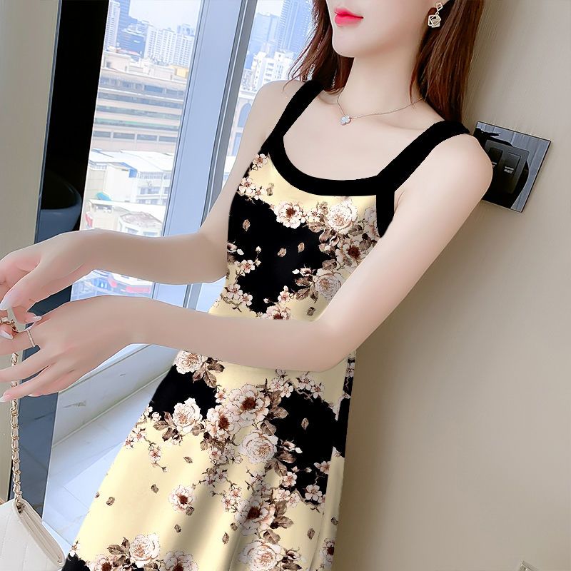 Midi Skirt Floral - Gaun Midi pantai tanpa lengan wanita,