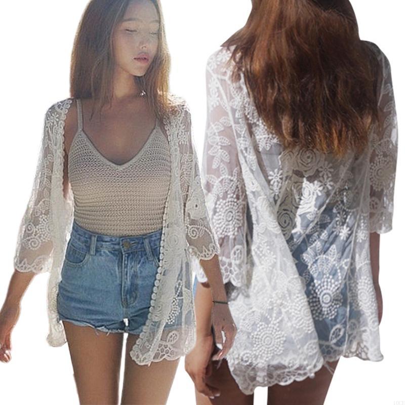 Kimono Sheer Floral - Wanita renda terbuka terbuka kimono cardigan