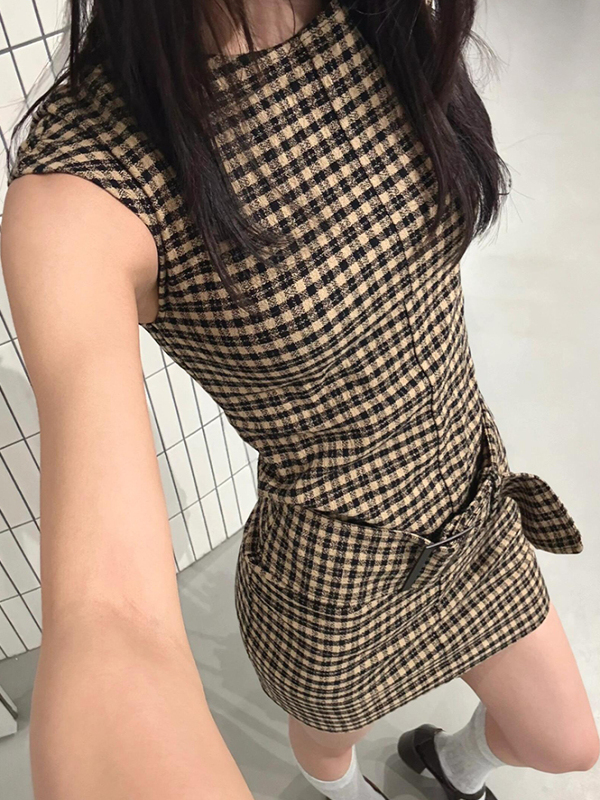 Linen Dress Wrap - Gaun Vest Plaid Korea Retro Model