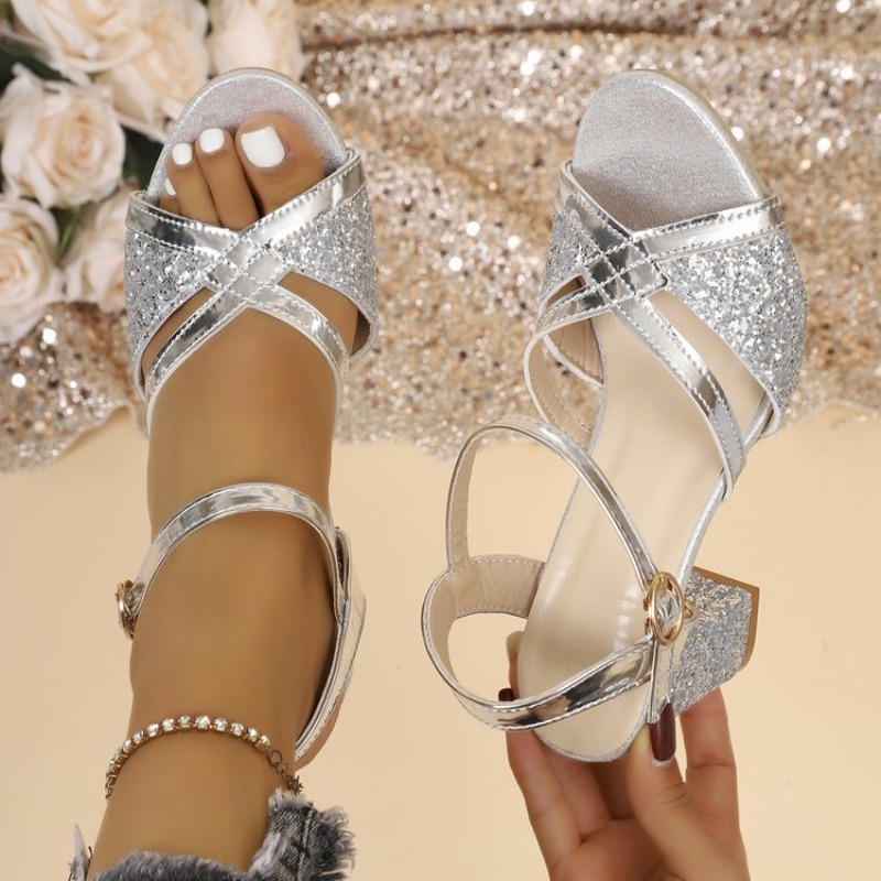 Sandal Strappy Heeled - Sandal Wanita Hak Tinggi Emas Berkilau