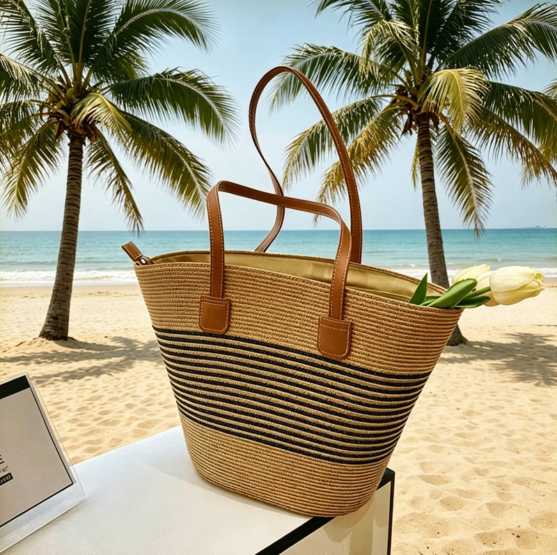 Tote Bag Beach - CLAREGQI Tas Jinjing Jerami Bergaris Wanita,