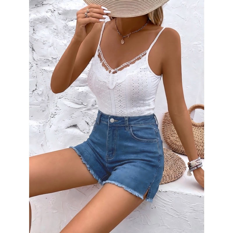 Shorts Denim Frayed - Celana Pendek Denim Wanita Pinggang Tinggi