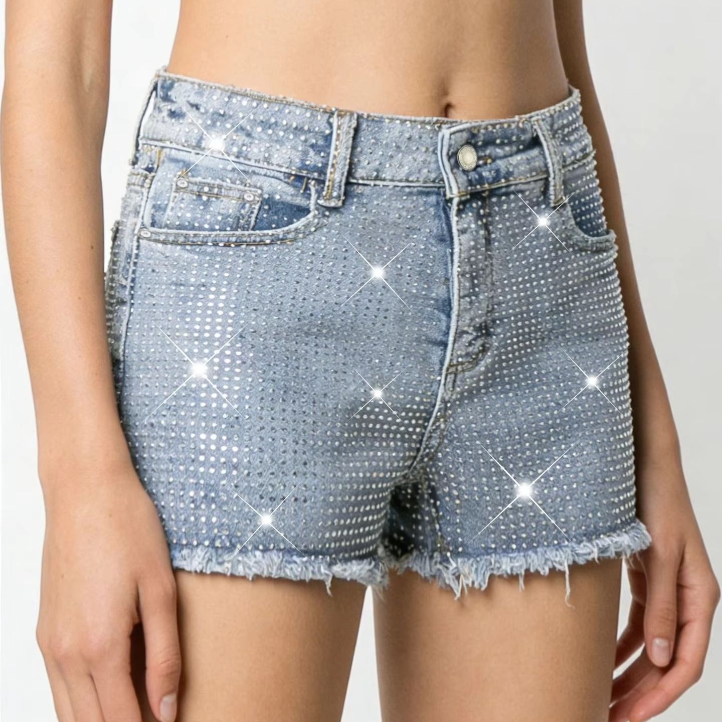 Shorts Denim Frayed - Celana Pendek Denim Berjumbai Biru Elastis