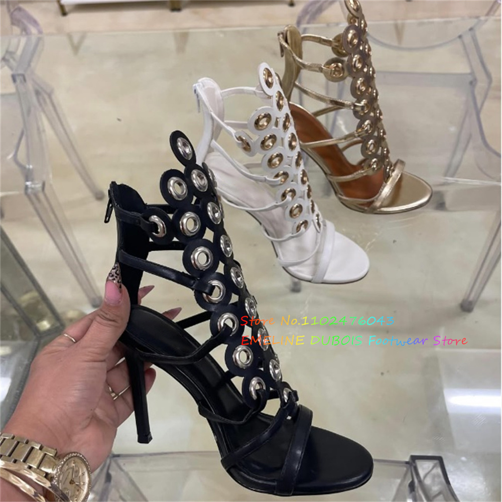 Sandal Strappy Heeled - Sandal Hak Tinggi Dekorasi Lingkaran Logam