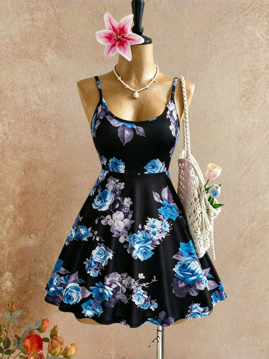 Romper Floral Print - Gaun Mini Wanita Ukuran Besar Tali