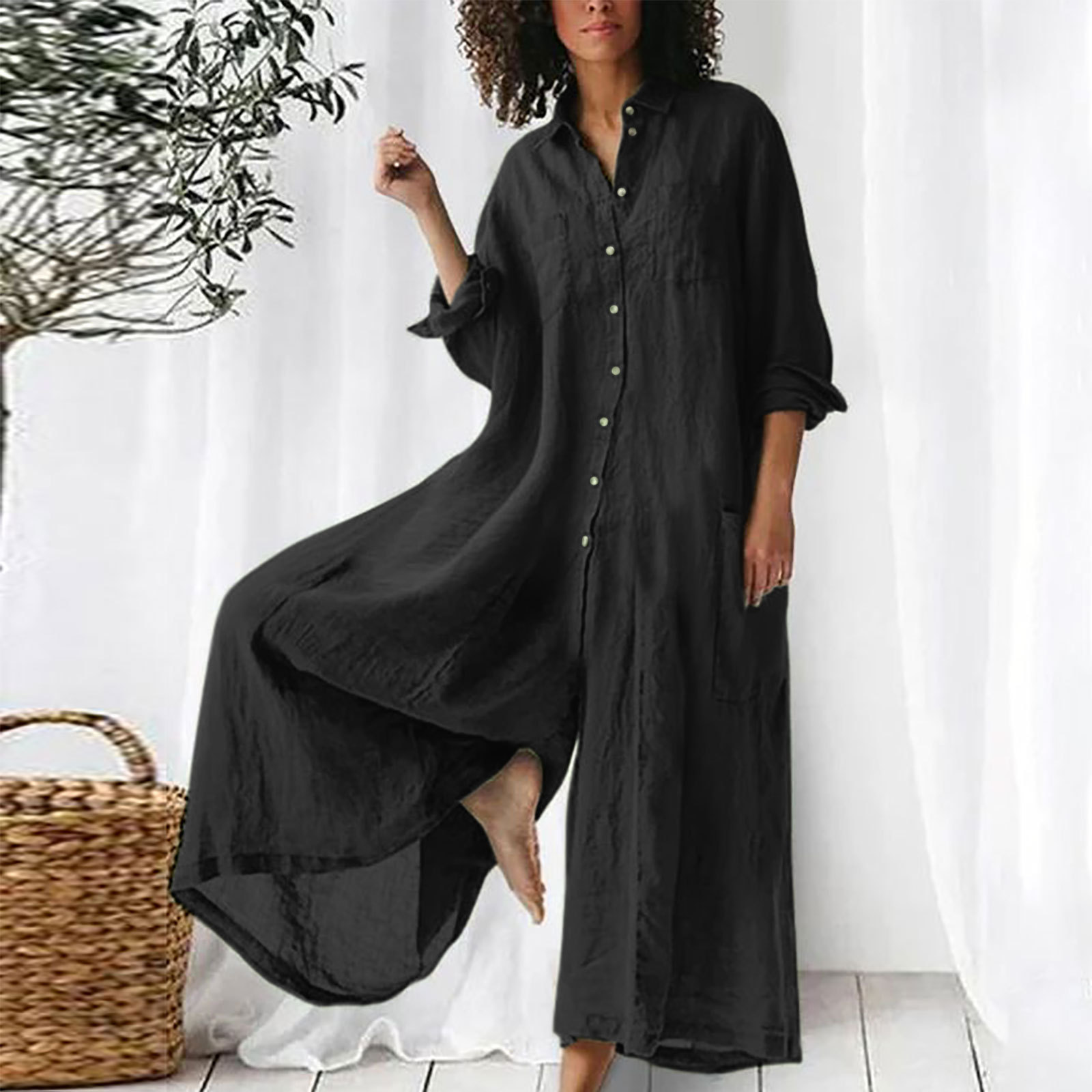 Jumpsuit Linen Relaxed - Jumpsuit Wanita Sehari-hari Lengan Panjang, Jumpsuit