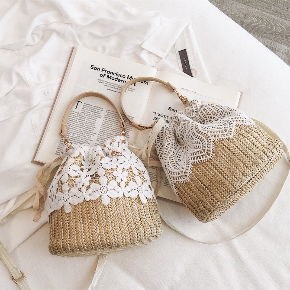 Tote Bag Beach - Tas Bahu Jerami Renda Vintage Tas