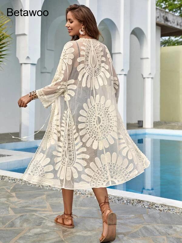 Kimono pantai rajutan berluban - Kimono Sheer Floral ulasan dan harga