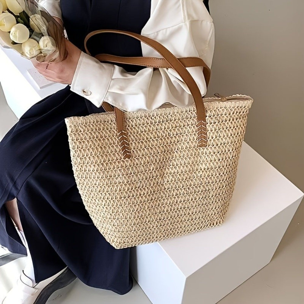 Tas Tote Anyaman Warna Solid M - Tote Bag Beach ulasan dan harga