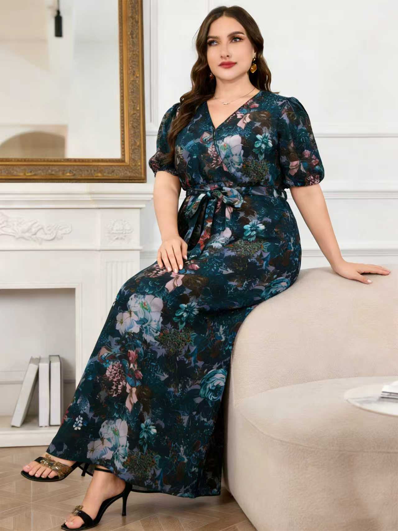 Gaun Maxi Chiffon Panjang Mode - Romper Floral Print ulasan dan harga