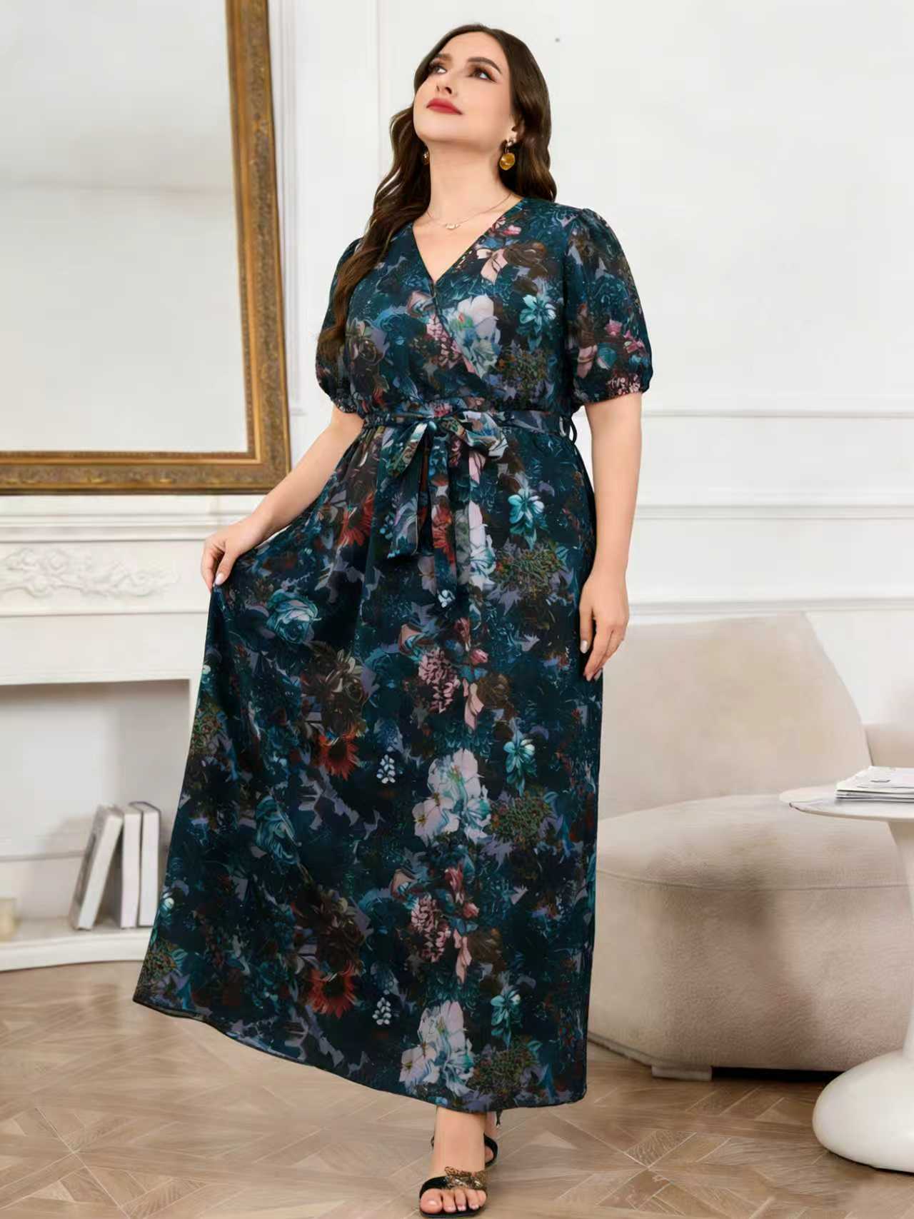 Gaun Maxi Chiffon Panjang Mode - Romper Floral Print ulasan dan harga