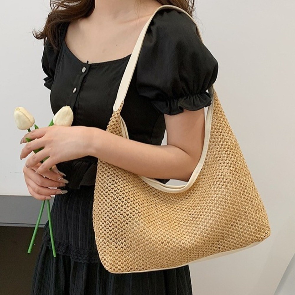 Tas Jerami Anyaman Warna Solid - Tote Bag Beach ulasan dan harga