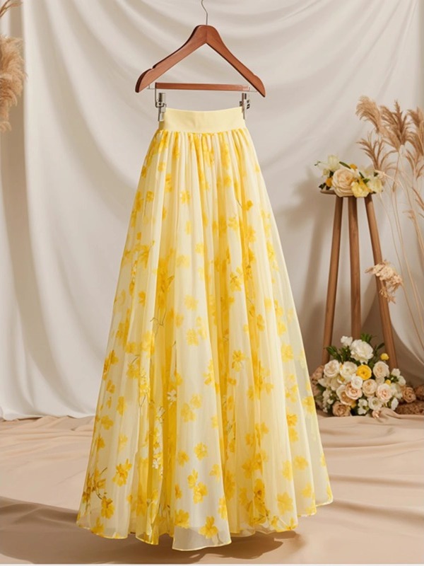 Rok A-Line Kuning Pinggang Tin - Midi Skirt Floral ulasan dan harga