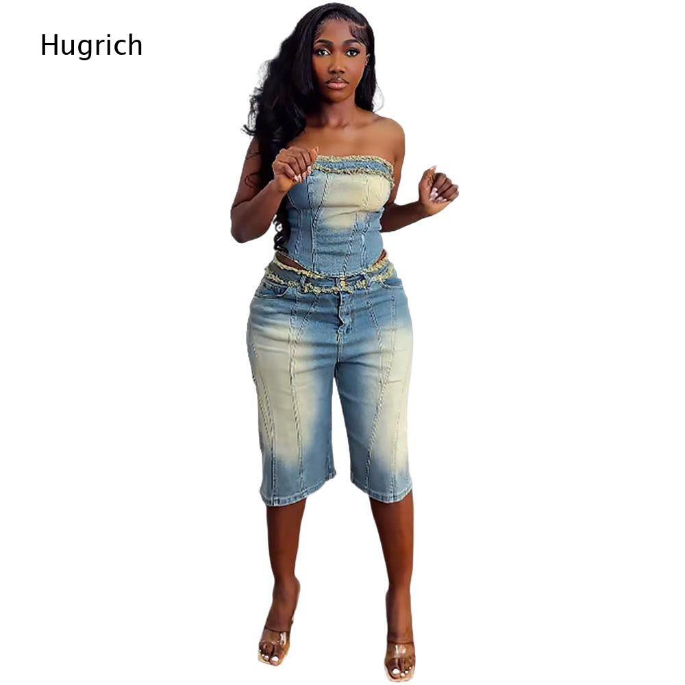 Set atasan crop top tanpa tali - Shorts Denim Frayed ulasan dan harga
