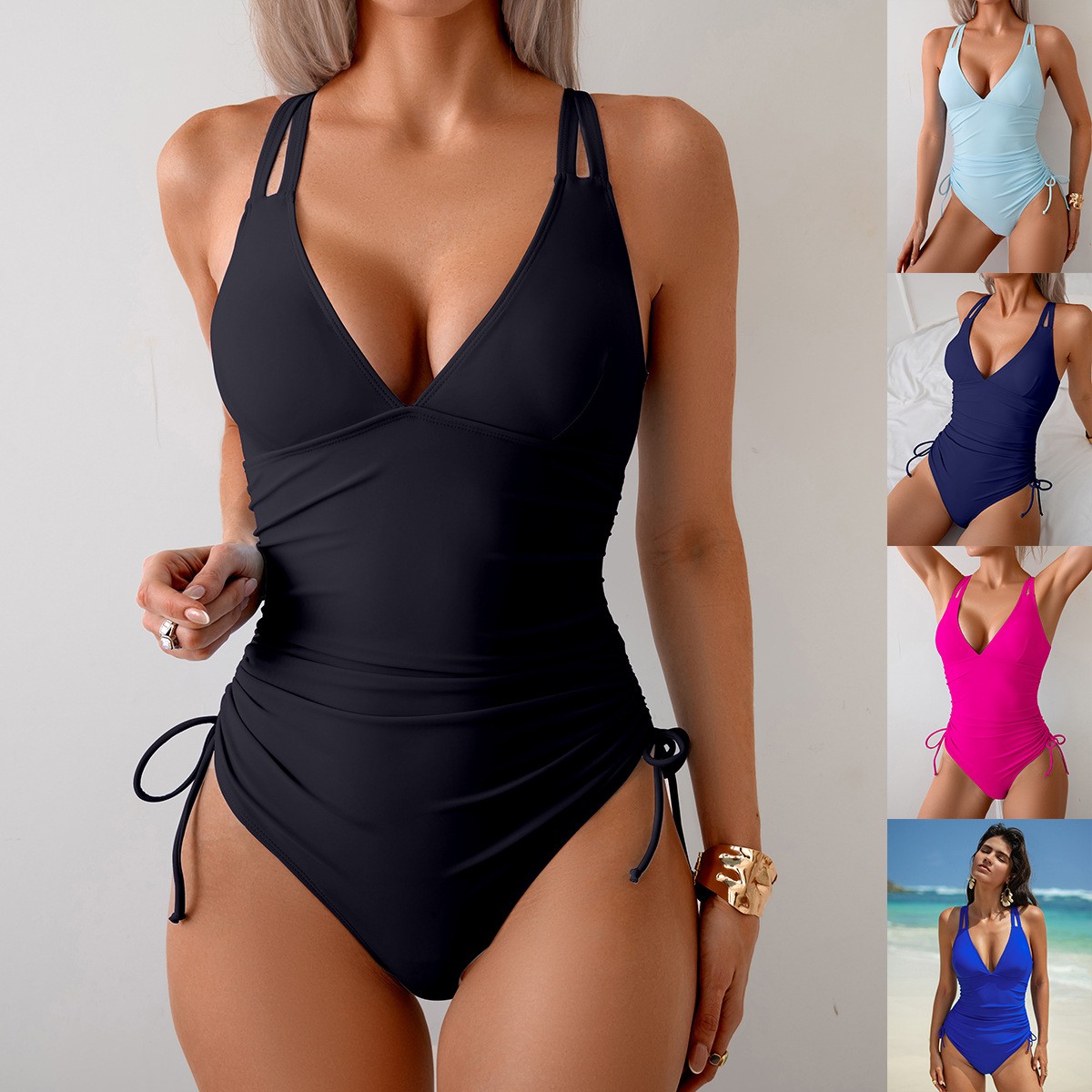 Baju Renang Hitam Polos V-Neck - Swimsuit Bikini Ruched ulasan dan harga