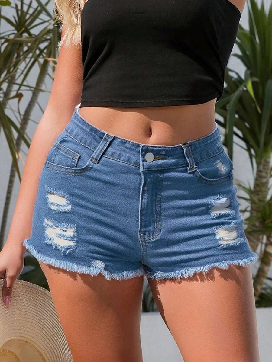 Celana Pendek Denim Wanita Den - Shorts Denim Frayed ulasan dan harga
