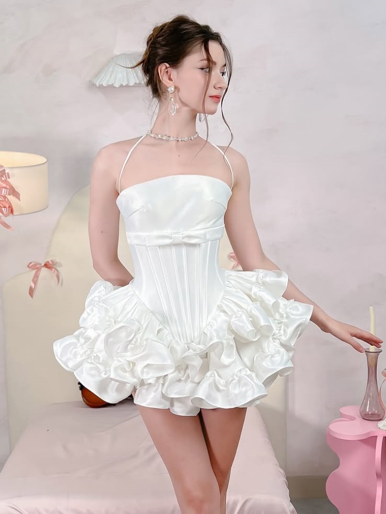 Women Pink White Lace-up Dress - Maxi Dress Halter ulasan dan harga